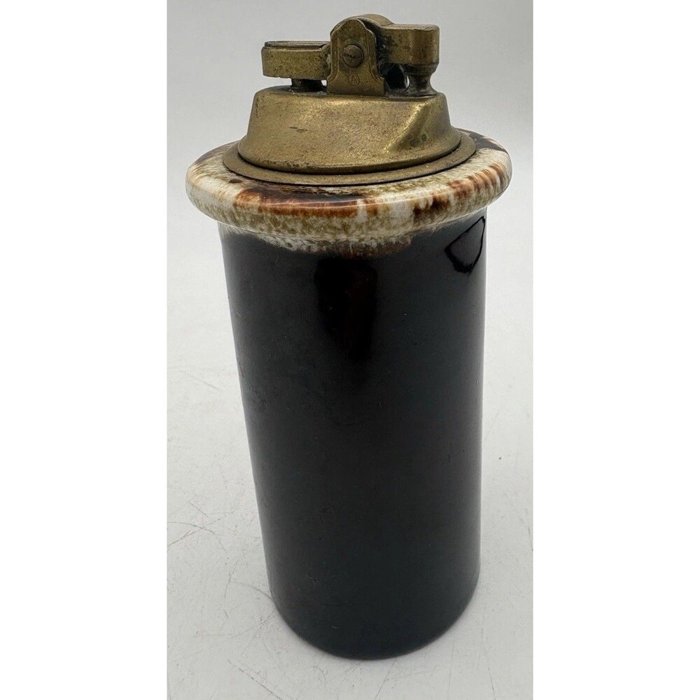 Vintage Pfaltzgraff USA Ceramic Table Lighter Brown Drip Glaze Brass MCM